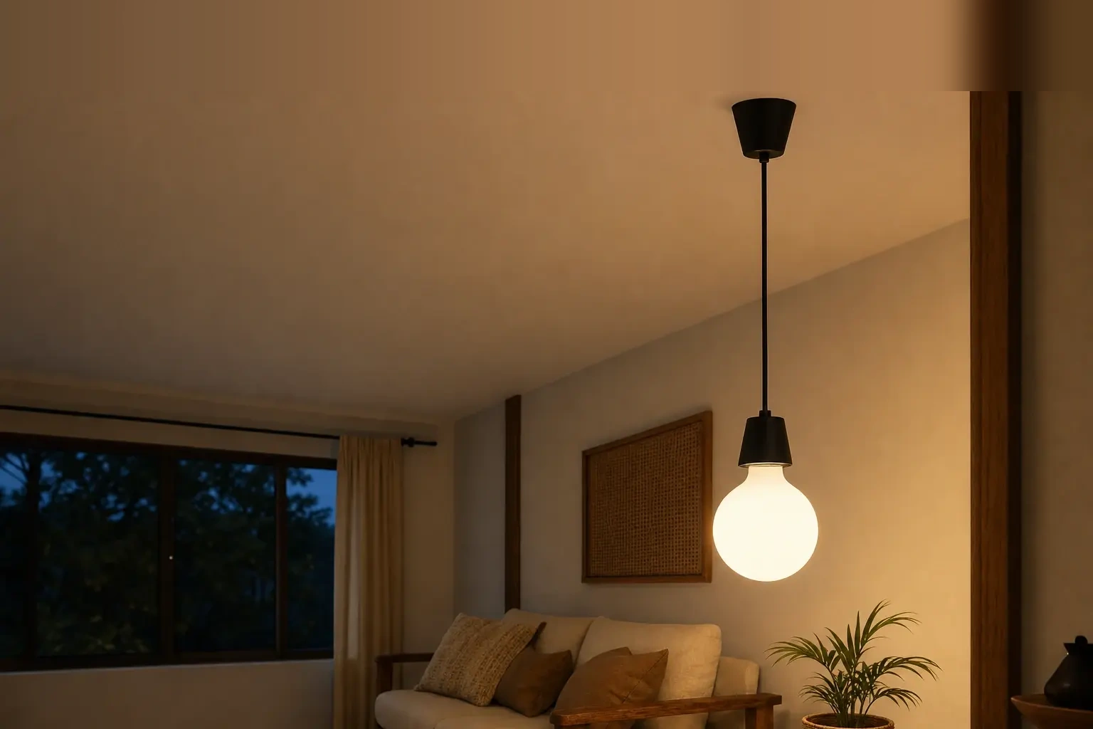 Living room lit by an Omni warm-white G95 pendant